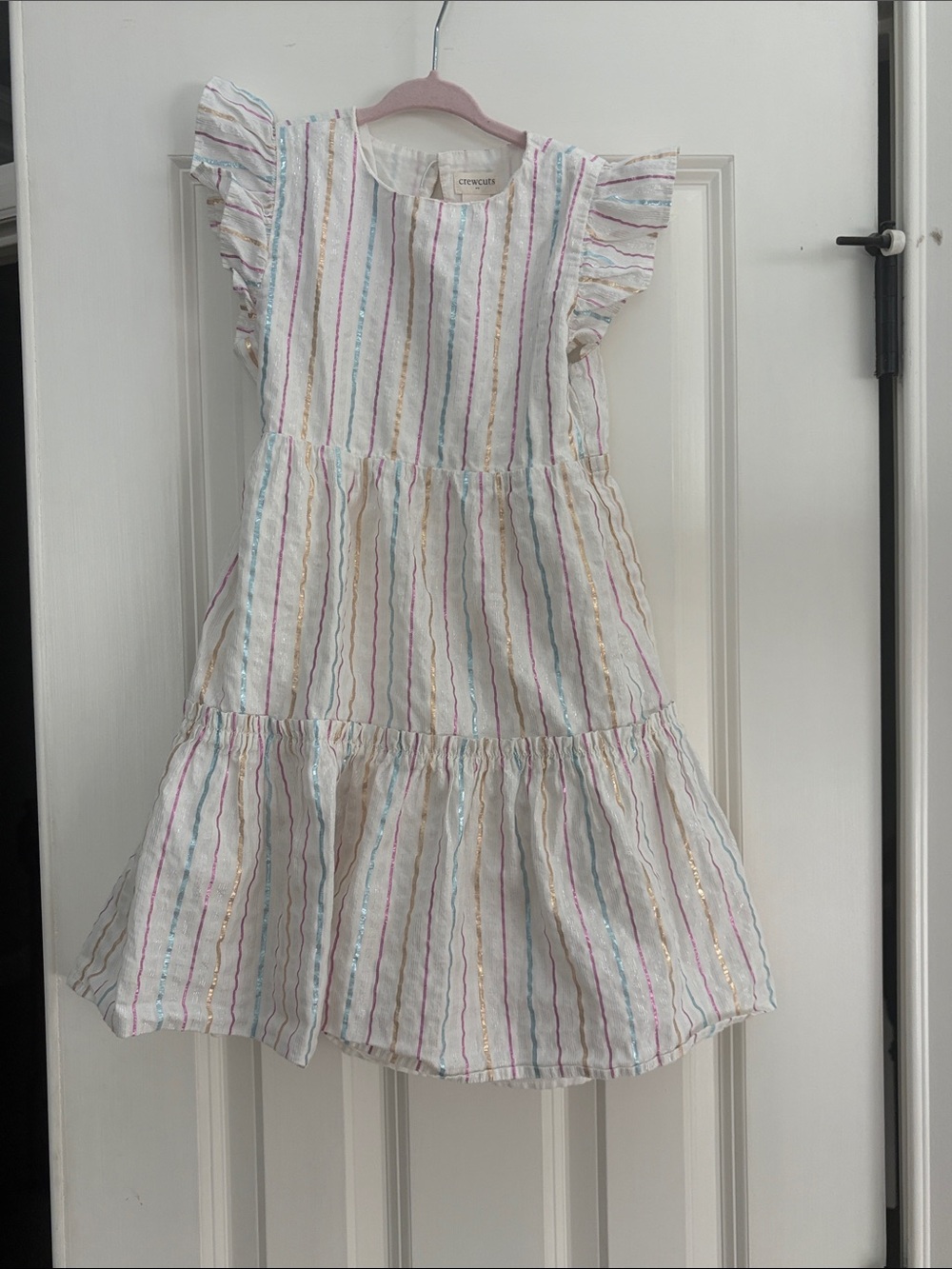 Crewcuts White Dress with Pastel Rainbow Stripes